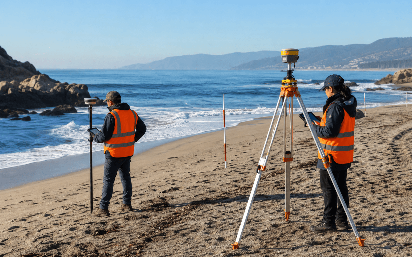 Equipo técnico realizando levantamiento de línea de playa en costa chilena